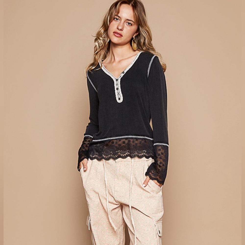 POL Black Henley Top Lace Sleeves - Picture 5 of 5